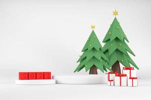 White podium for displaying products for 2020 and Christmas trees. with gift box photo