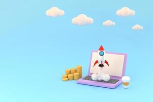 Notebook computer and coins, A rocket soared up on sky. concept  business startup. photo