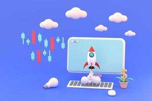 computer stock chart and light bulb, A rocket soared up on sky. concept business financial idea. photo