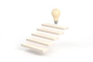 3d. block set up for staircase with light bulbs on the top point. Business success and create idea concept photo