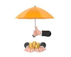 paraguas amarillo protección monedas mano sosteniendo pila de dinero ahorros un negocio. foto
