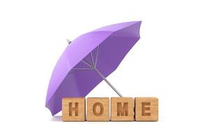 purple umbrella protecting home for house insurance concept photo