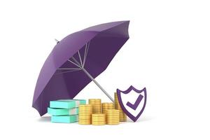 Piles of golden coins, banknotes under purple umbrella. photo