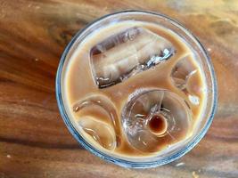 a glass of iced coffee seen from above photo