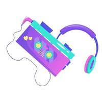 Retro 90s hippie cassette recorder with headphones isolated illustration cartoon style. Vector cartoon 1990 style set. Retro elements isolated.