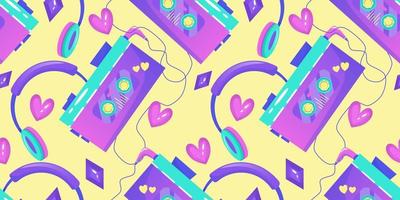 90s seamless pattern in retro style. Cartoon 1990 style vector illustration. Trendy vector design. Neon color. Seamless pattern headphones, cassette player and strasses