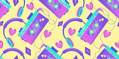 90s seamless pattern in retro style. Cartoon 1990 style vector illustration. Trendy vector design. Neon color. Seamless pattern headphones, cassette player and strasses