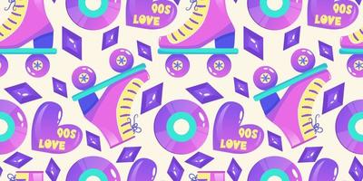 90s seamless pattern in retro style. Cartoon 1990 style vector illustration. Trendy vector design. Neon color. Seamless pattern with rollers, disk and heart.