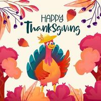 Cartoon turkey thanksgiving character autumn banner. Happy thanksgiving background. Funny bird with hat character. Autumn bird cute turkey. vector