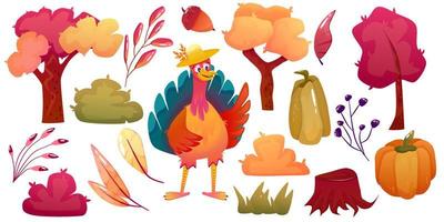 Cartoon turkey thanksgiving character and autumn clipart. Pumpkin, tree, acorn vector illustration isolated. Funny bird with hat character. Autumn bird cute turkey.