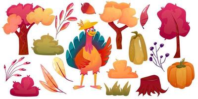 personaje de acción de gracias de pavo de dibujos animados y clipart de otoño. calabaza, árbol, ilustración vectorial de bellota aislada. pájaro divertido con carácter de sombrero. pájaro de otoño lindo pavo. vector