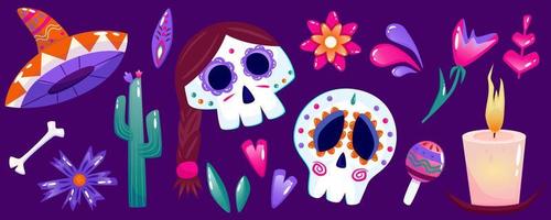 Los muertos, skull catrina with flower and hat isolated. Cartoon vector illustration. Halloween costume. Dia de los muertos mexican design. Candle, cactus and maracas bright color