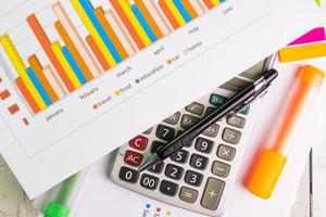 document color graph sheet for presentation at the office with equipment calculator, pen, color pen highlight photo