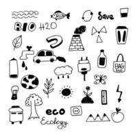 Vector set of doodles environment and ecology. Hand-drawn. Air and nature pollution. Conscious consumption.