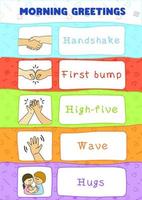 Classroom morning greetings, hug, hand shake, first bump, wave, high five vector