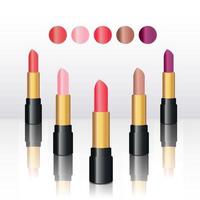 five lipsticks in red purple brown beige orange in a glossy black case on a white background with reflection vector