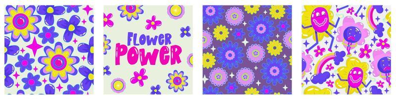 Daisy flower power poster set for print design. Abstract trippy psychedelic pattern. Flower power. Funny vector illustration. Retro 1990 poster for tshirt design.