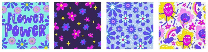 Daisy flower power poster set for print design. Abstract trippy psychedelic pattern. Flower power. Funny vector illustration. Retro 1990 poster for tshirt design.