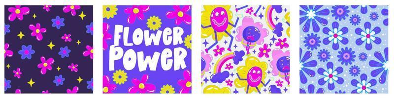 Daisy flower power poster set for print design. Abstract trippy psychedelic pattern. Flower power. Funny vector illustration. Retro 1990 poster for tshirt design.