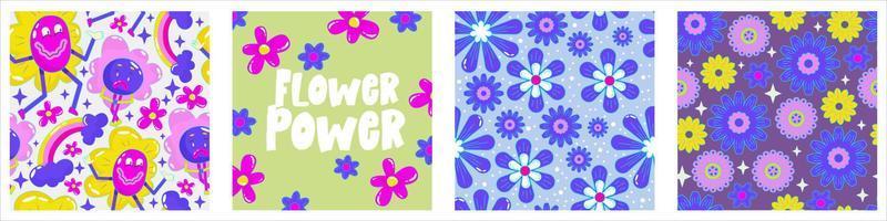 Daisy flower power poster set for print design. Abstract trippy psychedelic pattern. Flower power. Funny vector illustration. Retro 1990 poster for tshirt design.