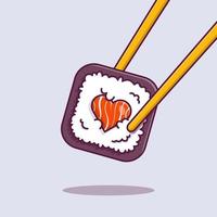 heart shaped meat filled sushi rolls picked up with chopsticks vector