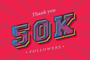 gracias 50k seguidores sociales y suscriptores con números de moda efecto de texto retro 3d render vector