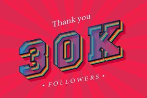 gracias 30k seguidores sociales y suscriptores con números efecto de texto retro de moda 3d render vector