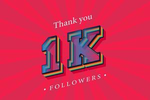 Thank you 1k social followers and subscribers with numbers Trendy Retro text effect 3d render vector