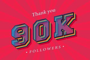 gracias 90k seguidores sociales y suscriptores con números de moda efecto de texto retro 3d render vector