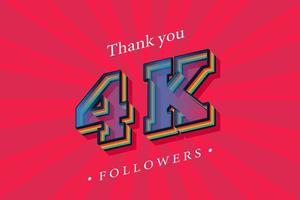 Thank you 4k social followers and subscribers with numbers Trendy Retro text effect 3d render vector