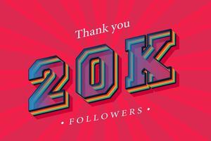 gracias 20k seguidores sociales y suscriptores con números de moda efecto de texto retro 3d render vector