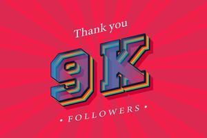 Thank you 9k social followers and subscribers with numbers Trendy Retro text effect 3d render vector