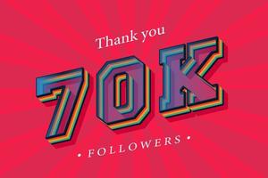 gracias 70k seguidores sociales y suscriptores con números de moda efecto de texto retro 3d render vector