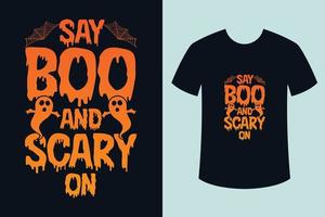 camisetas de halloween, decir boo y miedo en el diseño de camisetas de halloween.eps vector