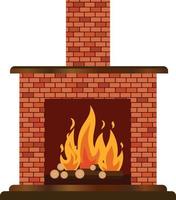 Brick fireplace with wood mantle lit with a fire vector