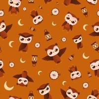 Seamless pattern with cute cartoon owl character in different poses, moon, lanterns and compass, night travel ornate vector