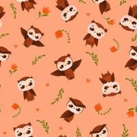 Childish bedding cute seamless pattern with owl animal character in different poses with flowers vector