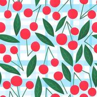 Colourful cherry seamless pattern on cherked blue background for kitchen fabric or tablecloth, summer wrapping paper design in cartoon style vector