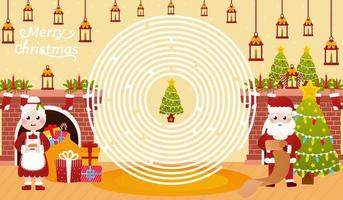 Christmas riddle for kids with santa claus is reading list, mrs claus is holding Christmas cookies, circle maze vector