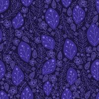 Dark colourful floral pattern with leaves in hand drawn style for textile print, fantasy elements for scrapbooking or decoration in violet and blue colors, line art, botanical ornament design vector