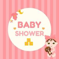 Layout for baby shower greeting card with cute toddler character playing with teddy bear sitting in cartoon style