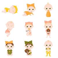 Newborn kids in different poses with toys - playing or sleeping, baby shower concept in cartoon style vector