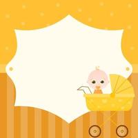 Baby shower invitation card, childbirth greeting design with cute newborn character in stroller on yellow background vector