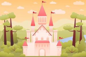 Fairy tale landscape with medieval fantasy pink castle, colourful hills, magical sky, illustration for games or children books, dreamlike royal mansion vector