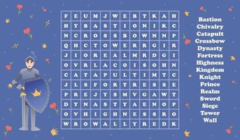 Fairytale concept word search game for kids with cartoon character - knight with sword and shield with crown sign vector