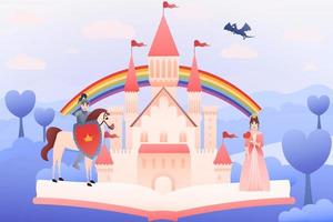 Open book with magical fantasy world from fair tale with medieval castle, cartoon knight on horse save princess from dragon, colourful fairy landscape, reading books concept, childish imagination vector