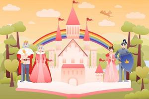 Reading fairy tales concept with open book, medieval castle, rolay family - king and queen, knight and princess vector