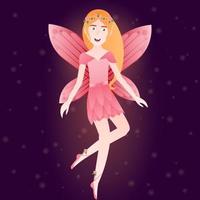 Beautiful flower fairy in pink dress with long blond hair flying on dark background in cartoon style, fantasy world vector