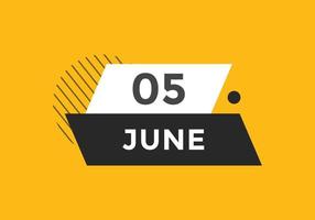 june 5 calendar reminder. 5th june daily calendar icon template. Calendar 5th june icon Design template. Vector illustration