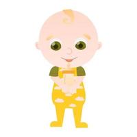 Adorable kid standing and holding milk bottle, newborn character, baby shower theme in cartoon style vector